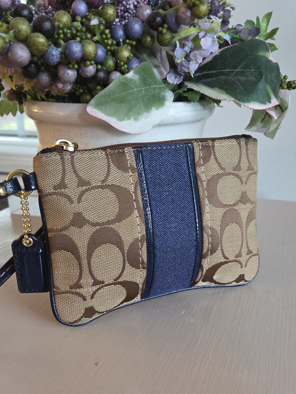 Coach Brown Signature Canvas Wristlet with Navy Center Stripe